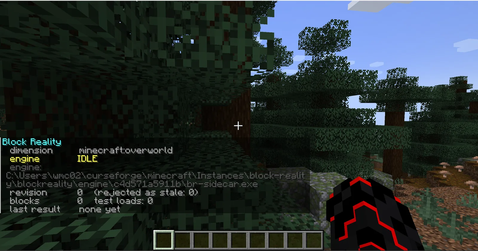 The /br status readout in game: engine IDLE, and the engine path resolving into blockreality/engine/c4d571a5911b/br-sidecar.exe