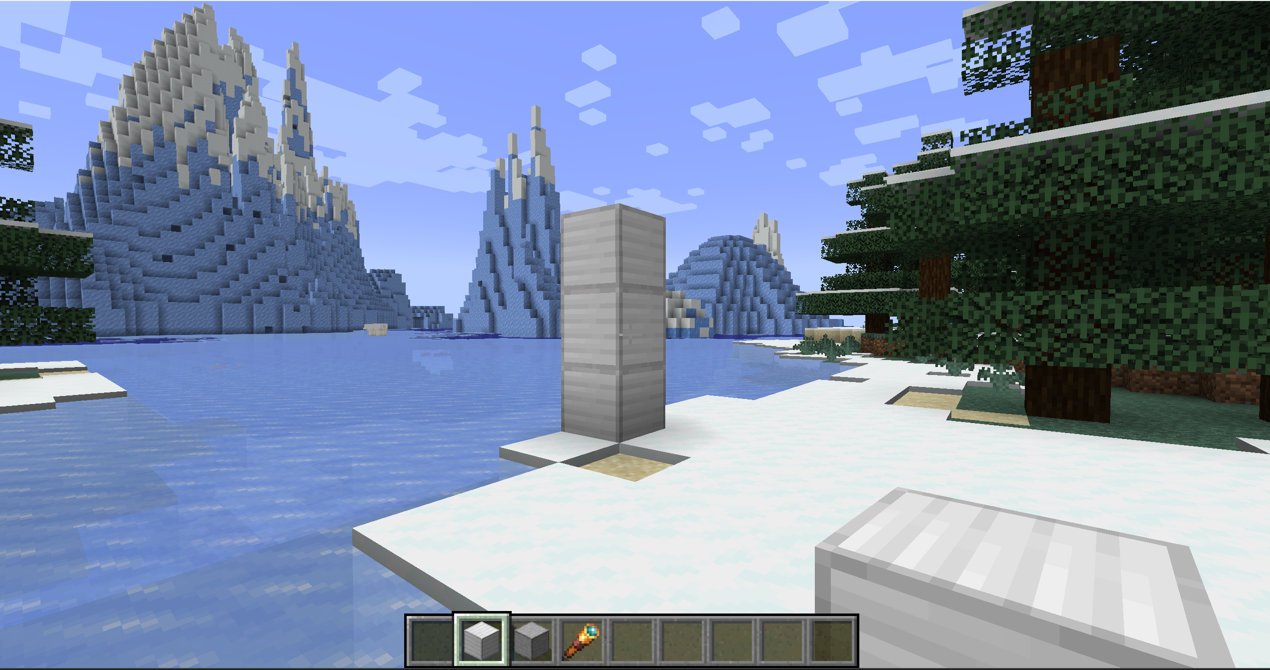 A short column of Structural Steel blocks standing on snow, with the Block Reality items in the hotbar