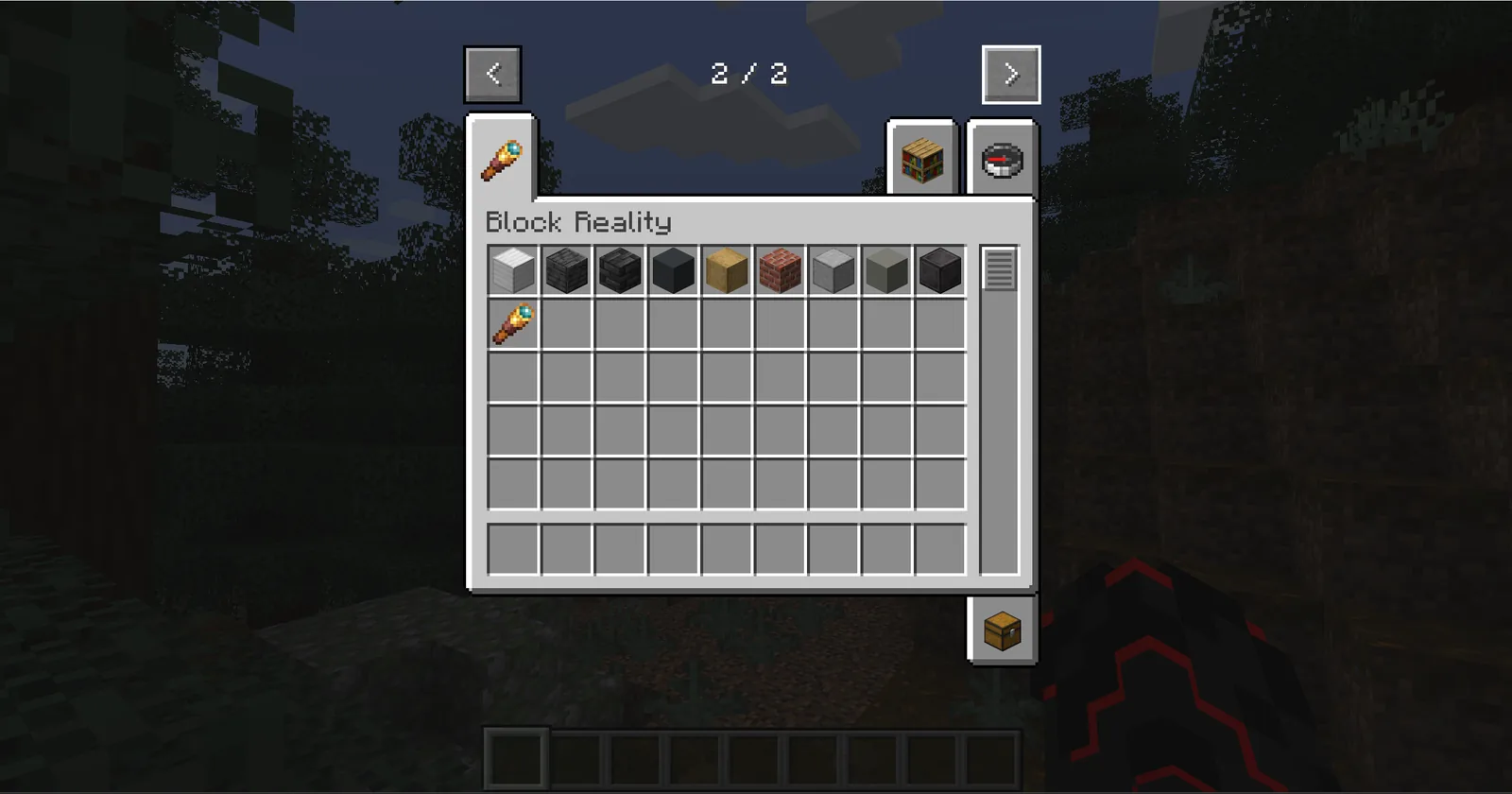 The Block Reality creative tab showing nine structural blocks in the top row and the Stress Glasses below them