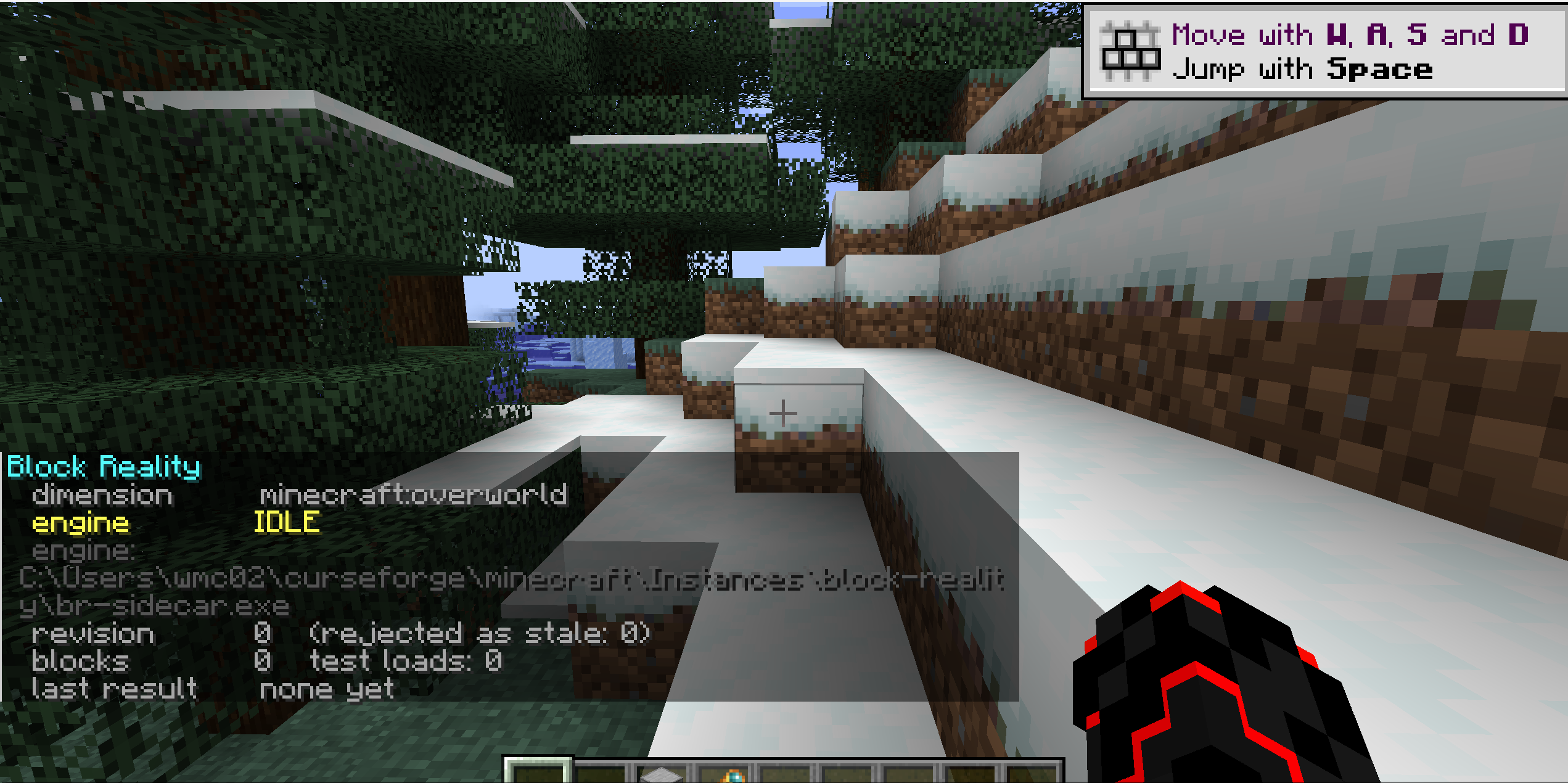 In-game readout listing dimension, engine IDLE, the resolved engine path, revision, blocks and last result