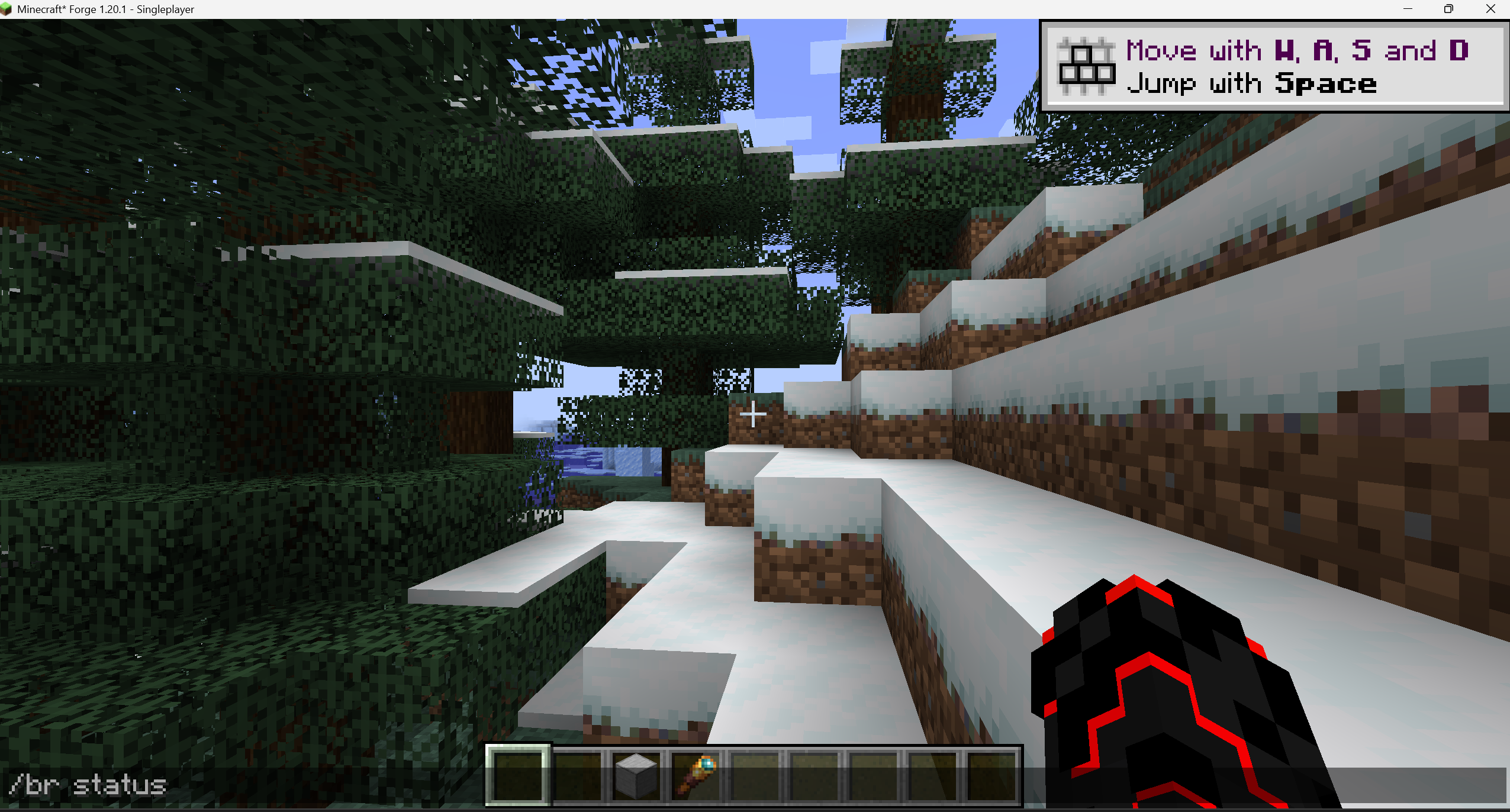 Minecraft Forge 1.20.1 singleplayer with the command /br status typed into the chat bar