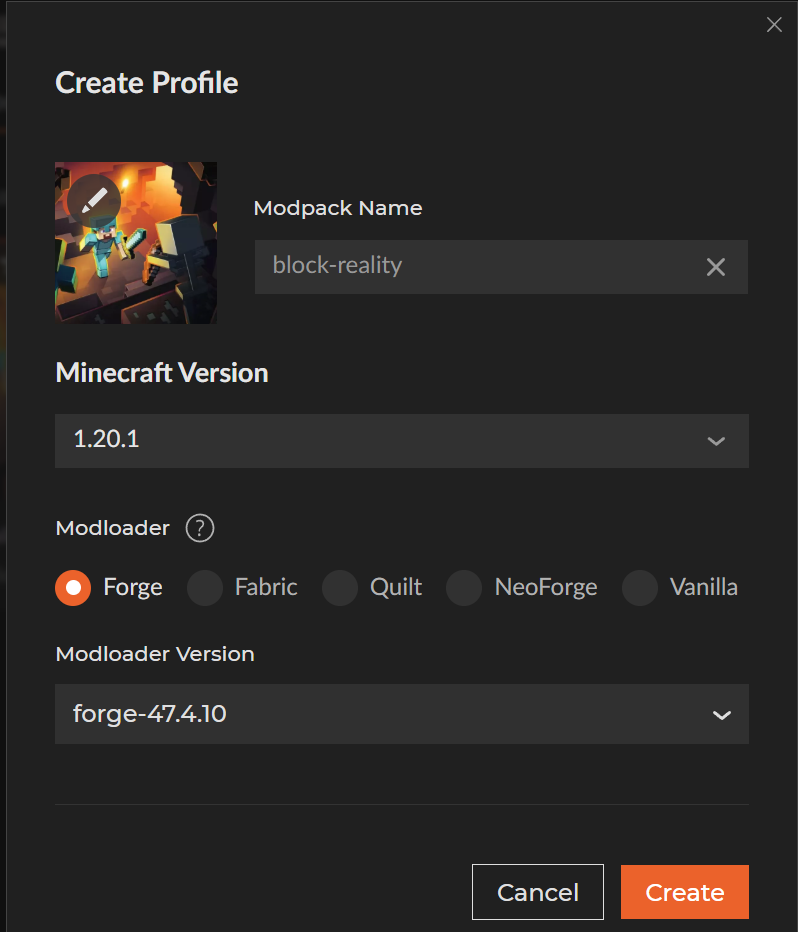 CurseForge Create Profile dialog with Minecraft version 1.20.1 and modloader Forge 47.4.10 selected