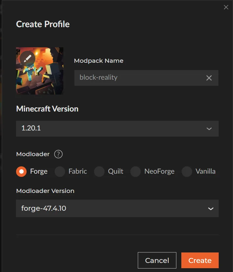 CurseForge Create Profile dialog with Minecraft version 1.20.1 and modloader Forge 47.4.10 selected